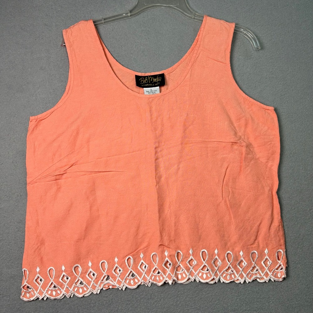 Bob Mackie Boho Wearable Art Coral Linen Blend Eyelet Embroidered Tank Top L‎